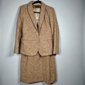 Beige Tweed Women's Wool Vintage Blazer and Skirt Set Size Small